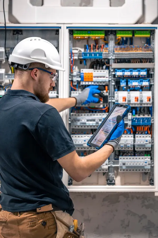 Electrician inspecting circuit breaker panel