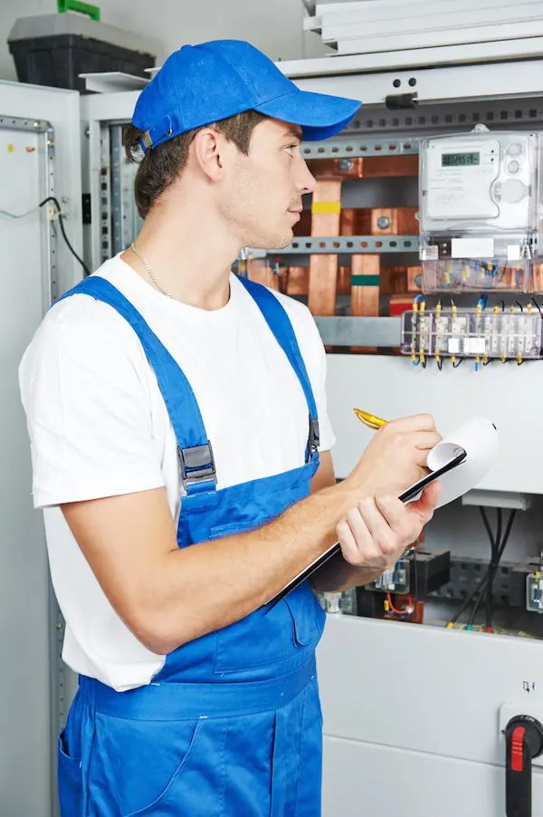 Electrician inspecting electrical panel equipment