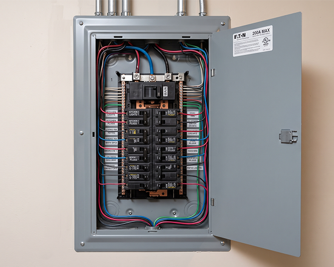 Electrical breaker panel with wires